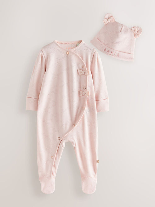 Baker by Ted Baker Pink Pointelle Wrap-Over Sleepsuit & Hat Set image 1