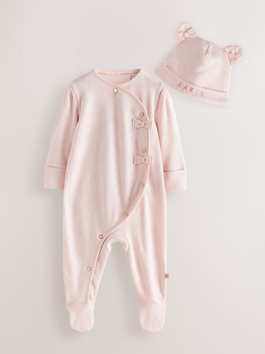 Baker by Ted Baker Pink Pointelle Wrap-Over Sleepsuit & Hat Set image 1