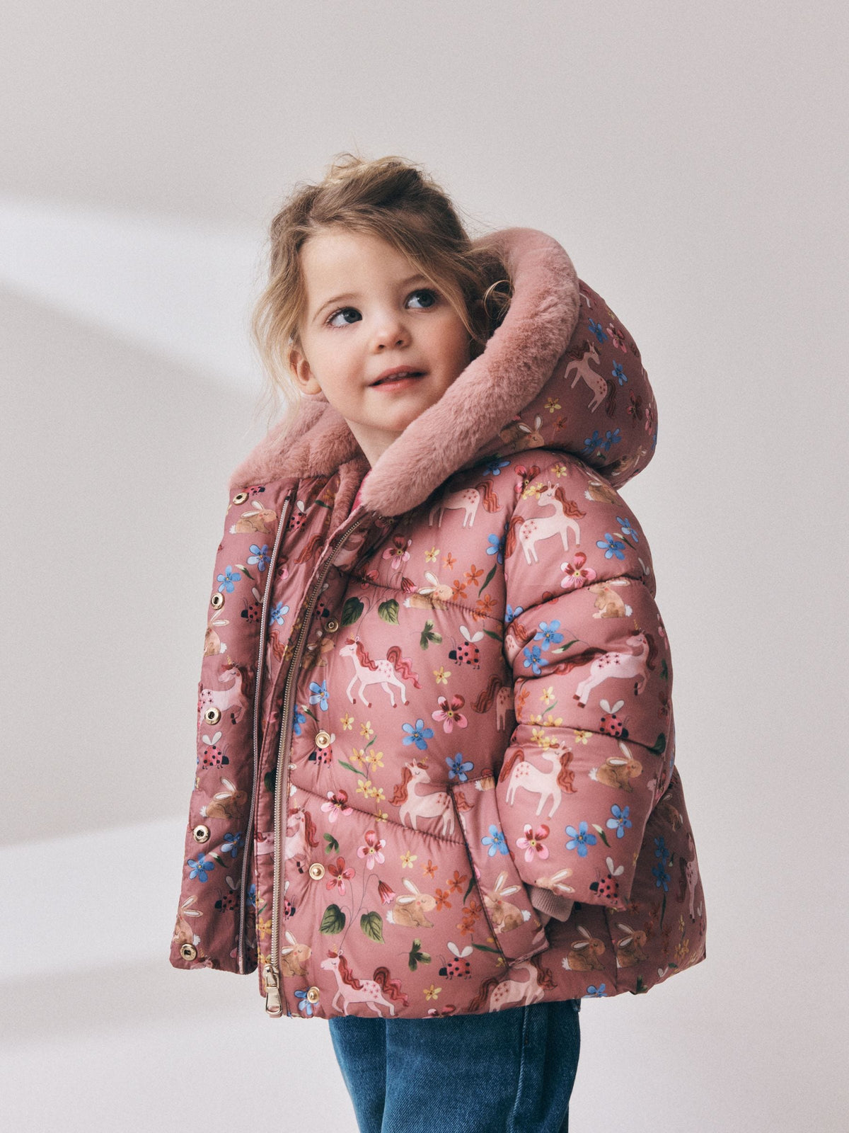 Dsiney Kidz - Pink Unicorn Shower Resistant Faux Fur Trim Padded Coat (6mths-7yrs) image 1