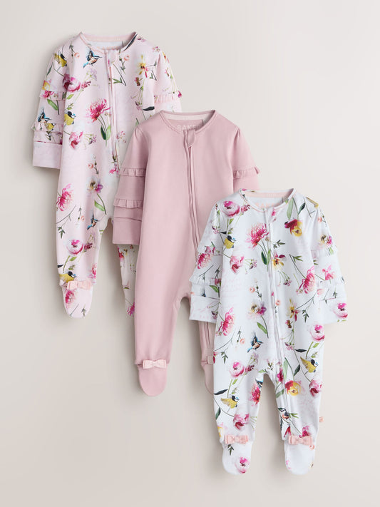 Baker by Ted Baker Pink/White Cotton Printed Sleepsuits 3 Pack - image 1