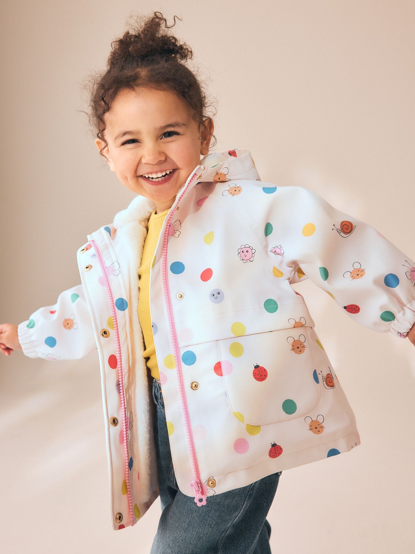 Dsiney Kidz - Cream Polka Dot Waterproof Faux Fur Lined Jacket (12mths-7yrs) image 3