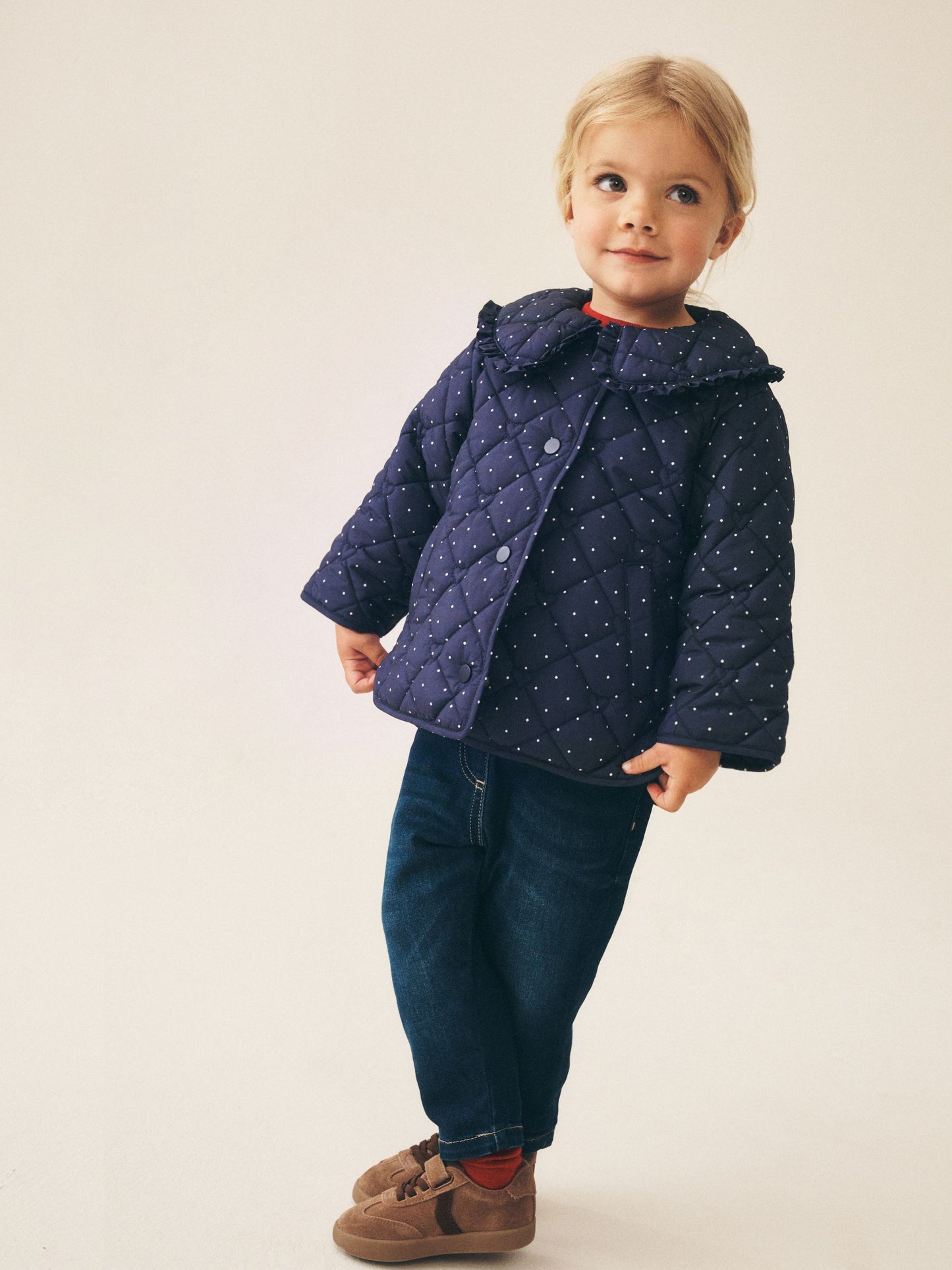 Dsiney Kidz - Navy Polka Dot Shower Resistant Frill Collar Quilted Jacket (3mths-7yrs) image 2
