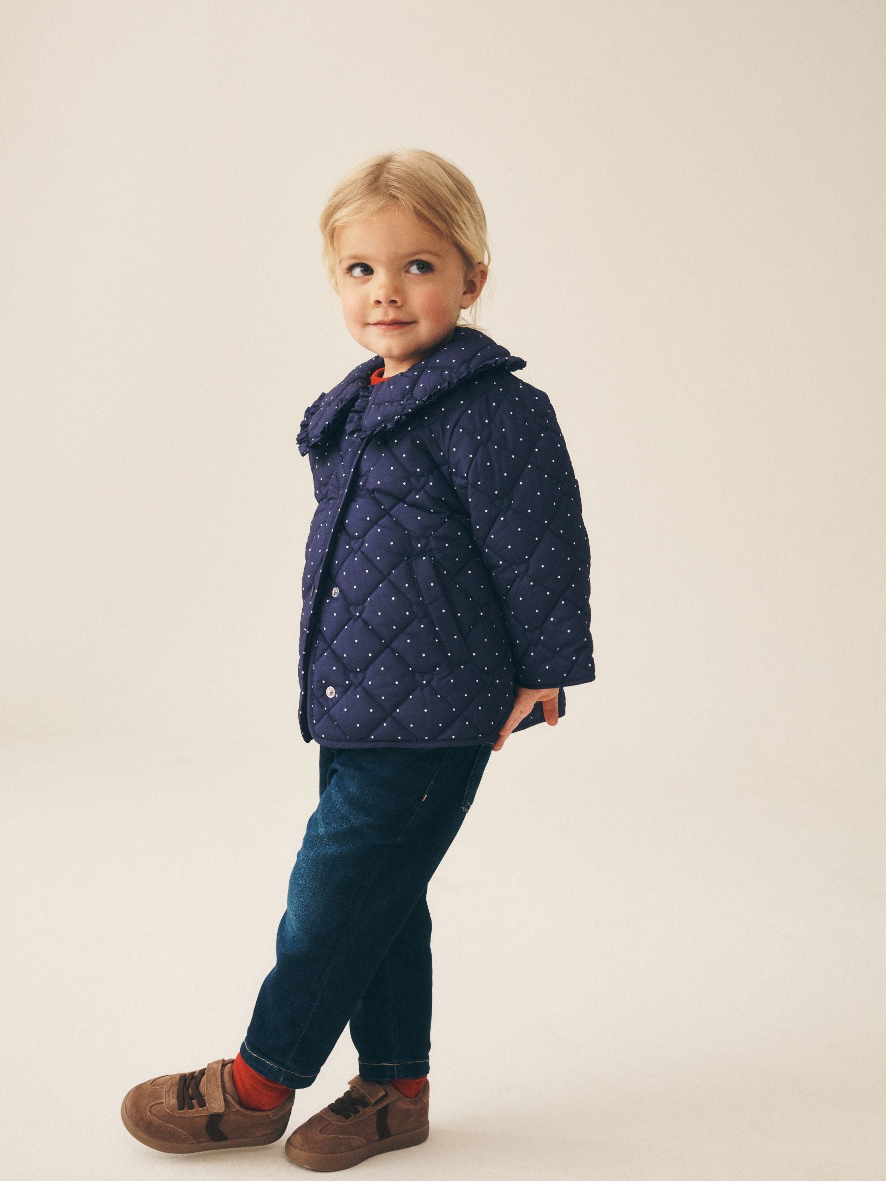 Dsiney Kidz - Navy Polka Dot Shower Resistant Frill Collar Quilted Jacket (3mths-7yrs) image 3