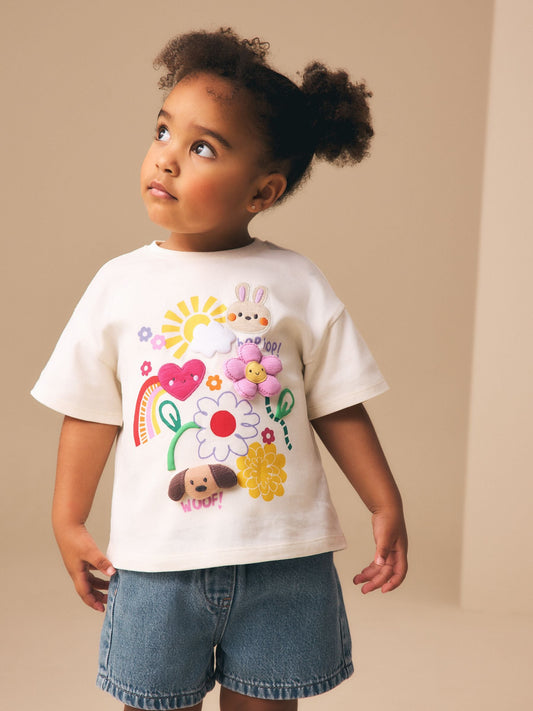 Ecru White Padded Bunny Short Sleeve T-Shirt (3mths-7yrs) image 1