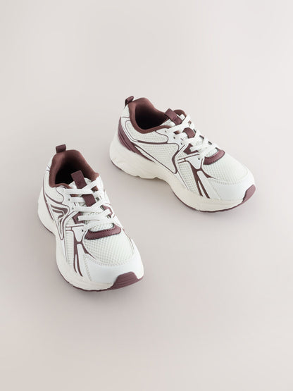 White/Chocolate Brown Elastic Lace Mesh Trainers image 1