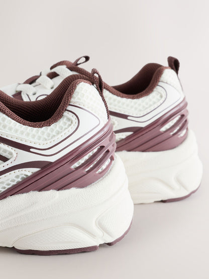 White/Chocolate Brown Elastic Lace Mesh Trainers image 4