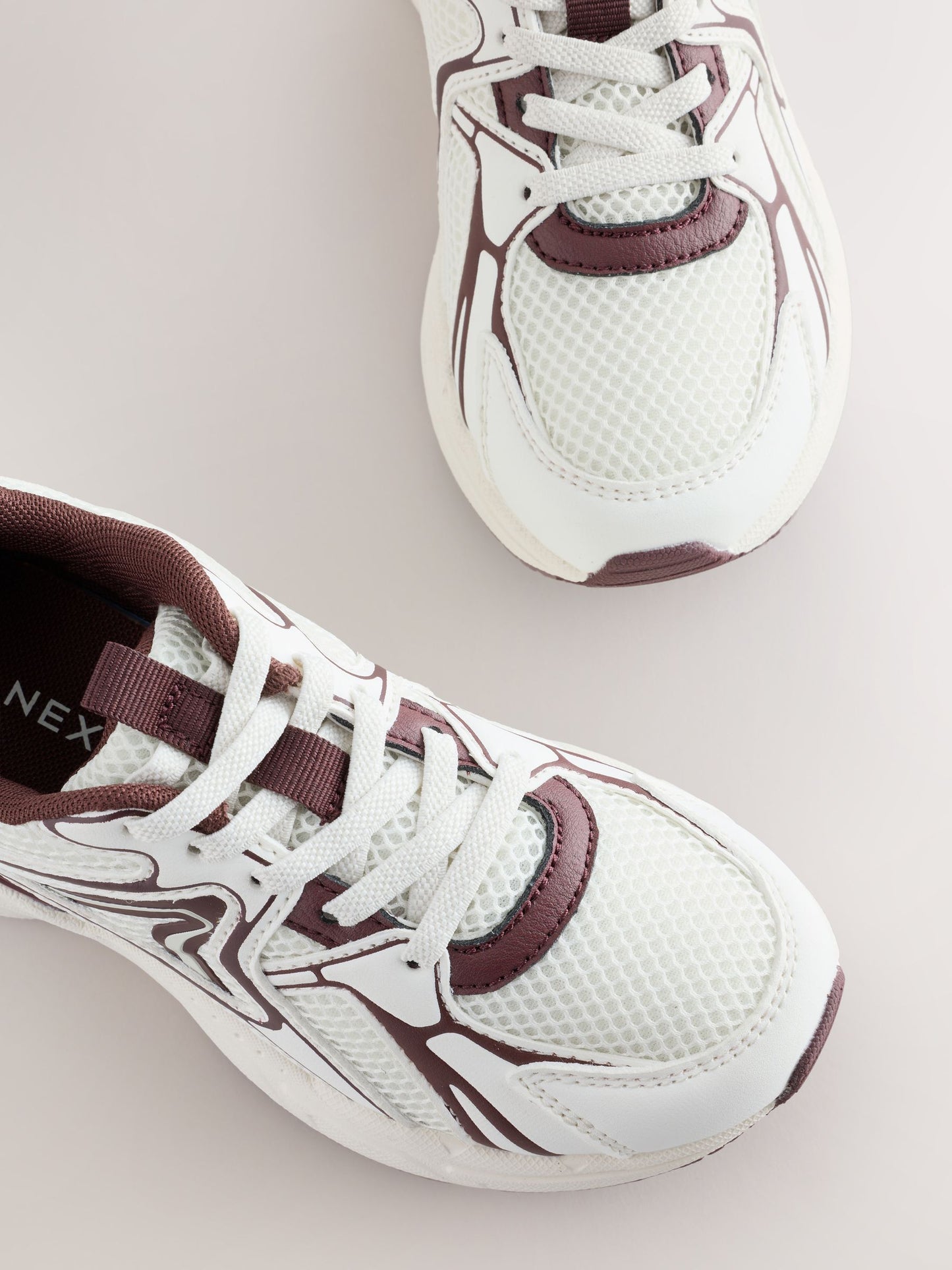 White/Chocolate Brown Elastic Lace Mesh Trainers image 5