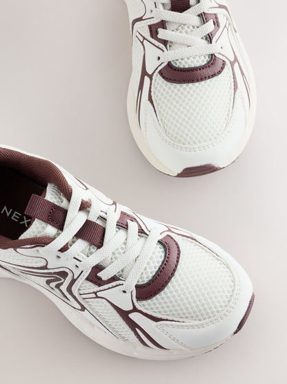 White/Chocolate Brown Elastic Lace Mesh Trainers image 5