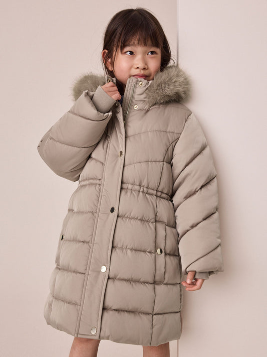 Taupe Shower Resistant Faux Fur Trim Padded Coat (3-16yrs) - image 1