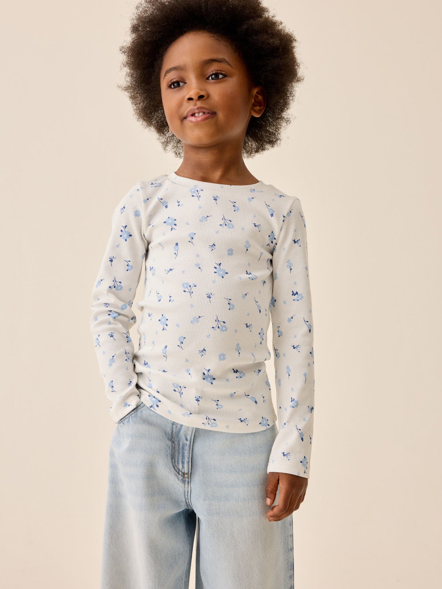 Dsiney Kidz - White Ditsy Floral Long Sleeve Ribbed Top (3-16yrs) image 1