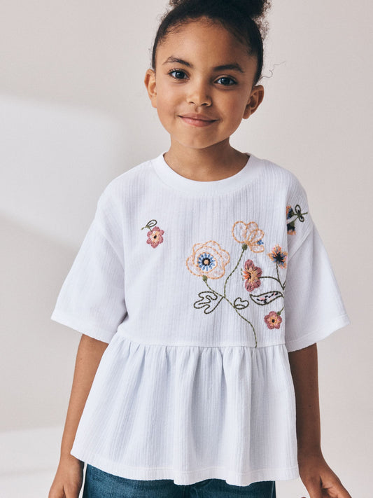 Dsiney Kidz - White Floral Embroidered Peplum T-Shirt (3-16yrs) image 1