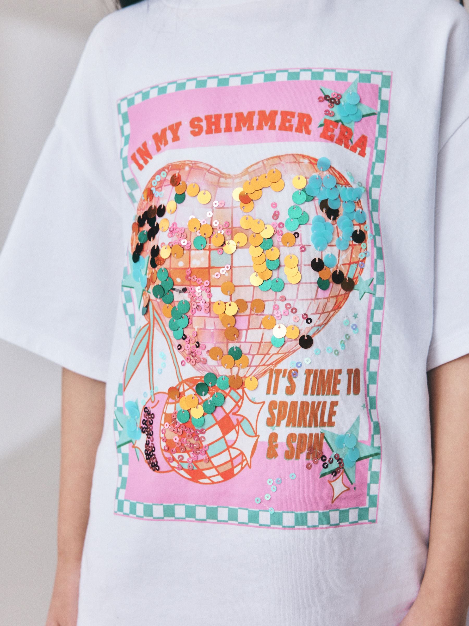 Dsiney Kidz - White Disco Heart Oversized Sequin Graphic T-Shirt (3-16yrs) image 1