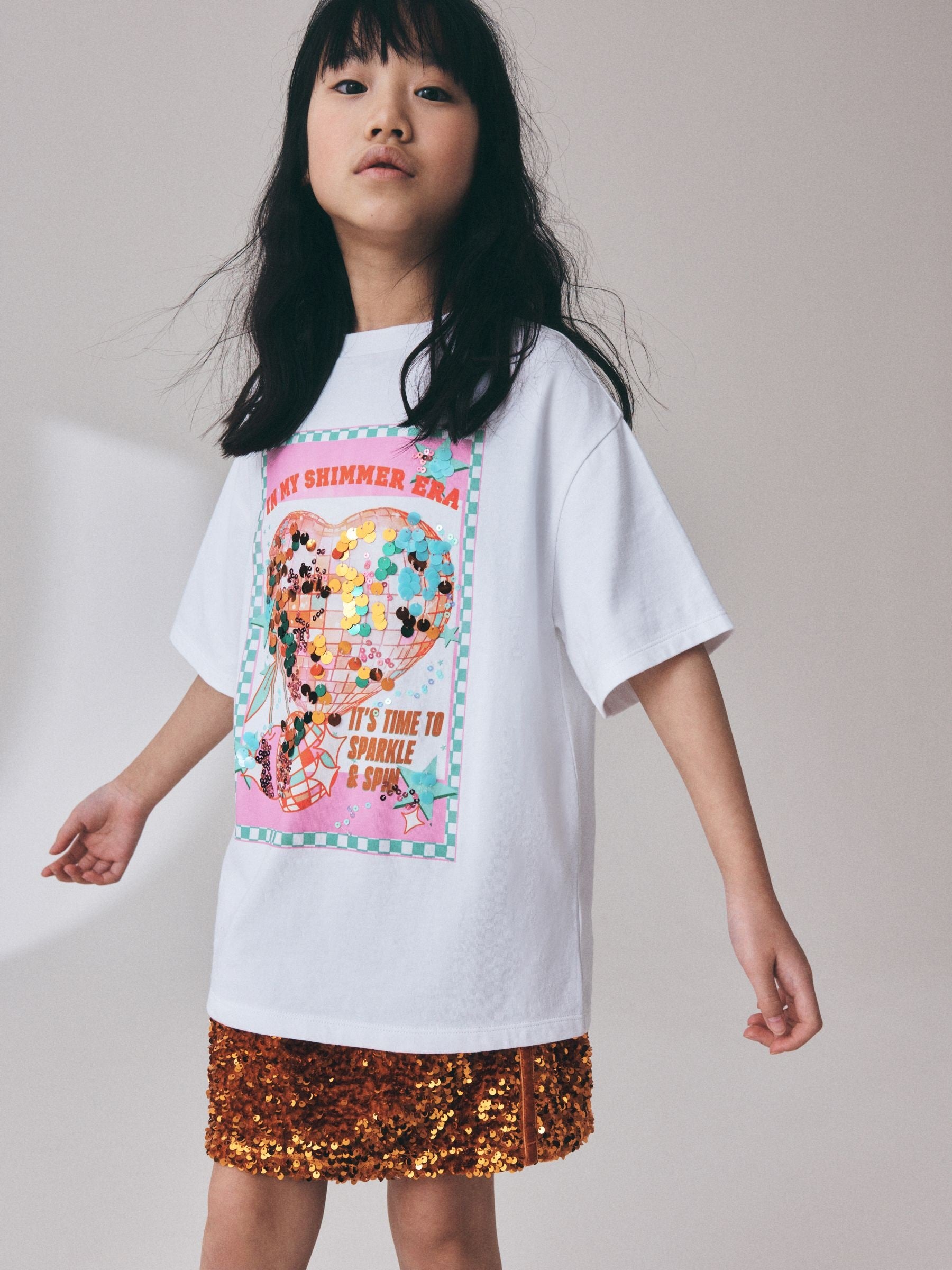 Dsiney Kidz - White Disco Heart Oversized Sequin Graphic T-Shirt (3-16yrs) image 3