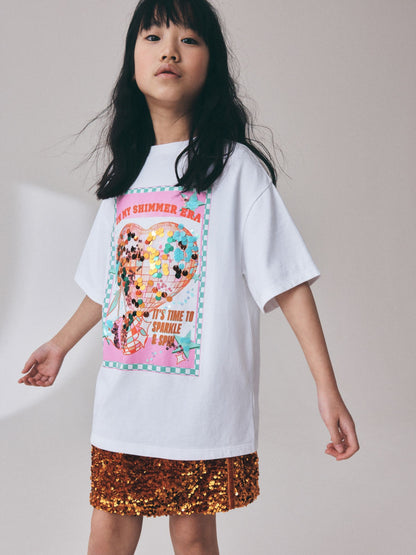 Dsiney Kidz - White Disco Heart Oversized Sequin Graphic T-Shirt (3-16yrs) image 3
