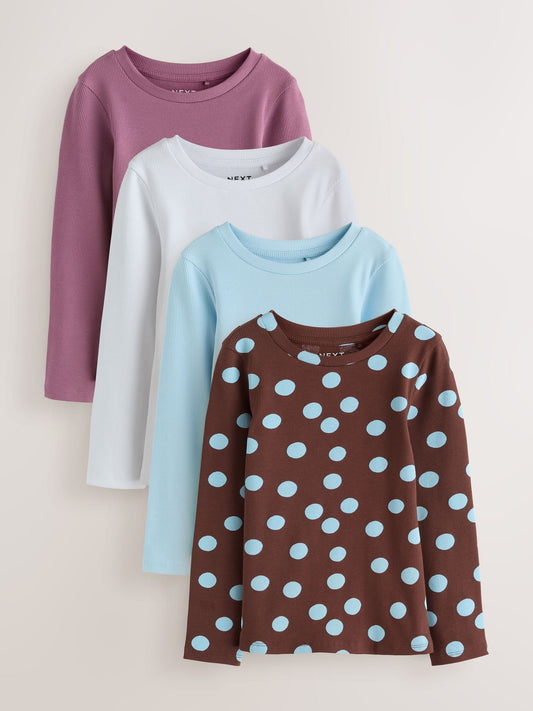 Dsiney Kidz - Chocolate Brown Spot Long Sleeve Ribbed T-Shirts 4 Pack (3-16yrs) image 1