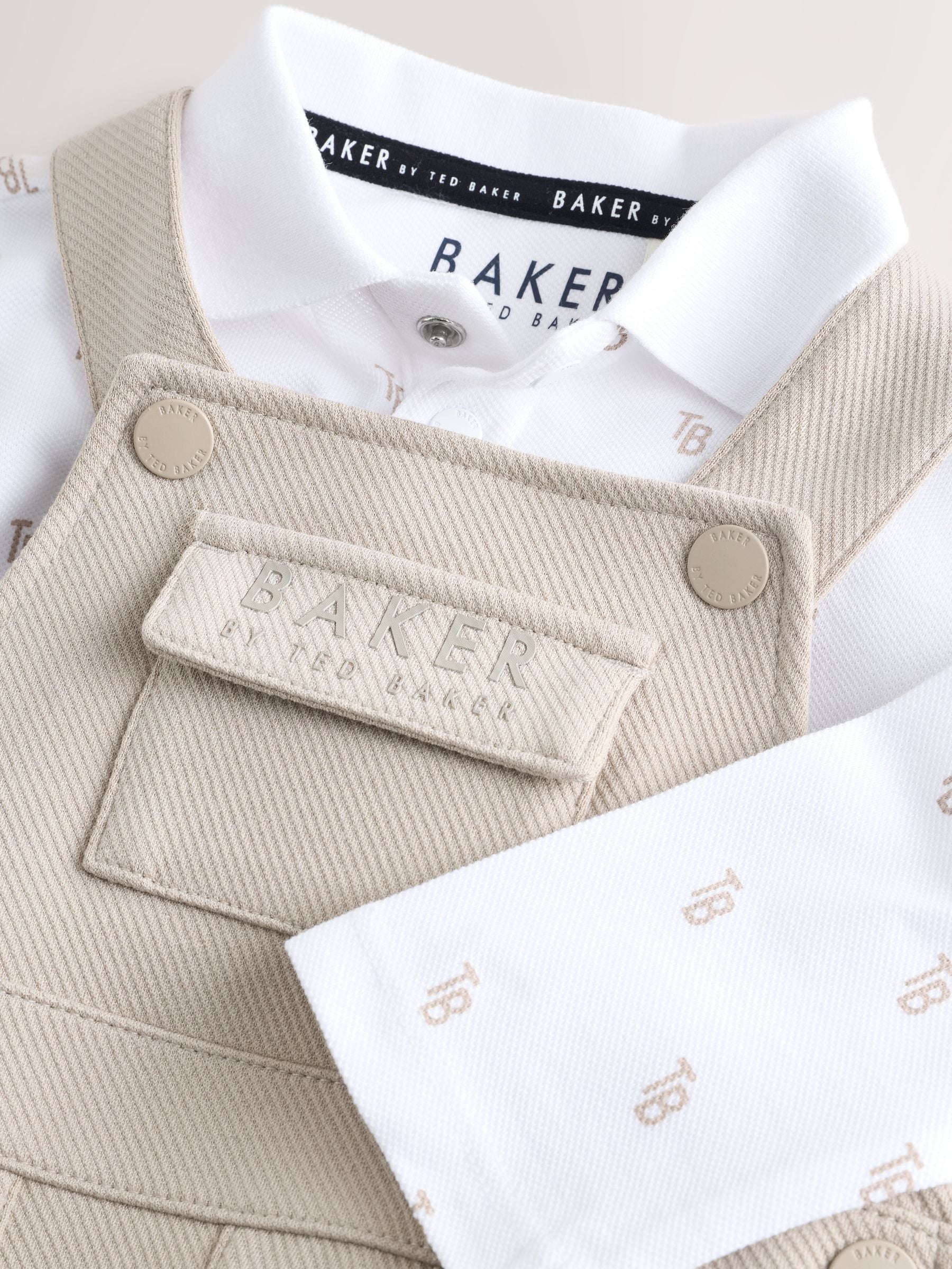 Baker by Ted Baker Stone Textured Dungaree and All Over Print Polo Shirt Set image 3