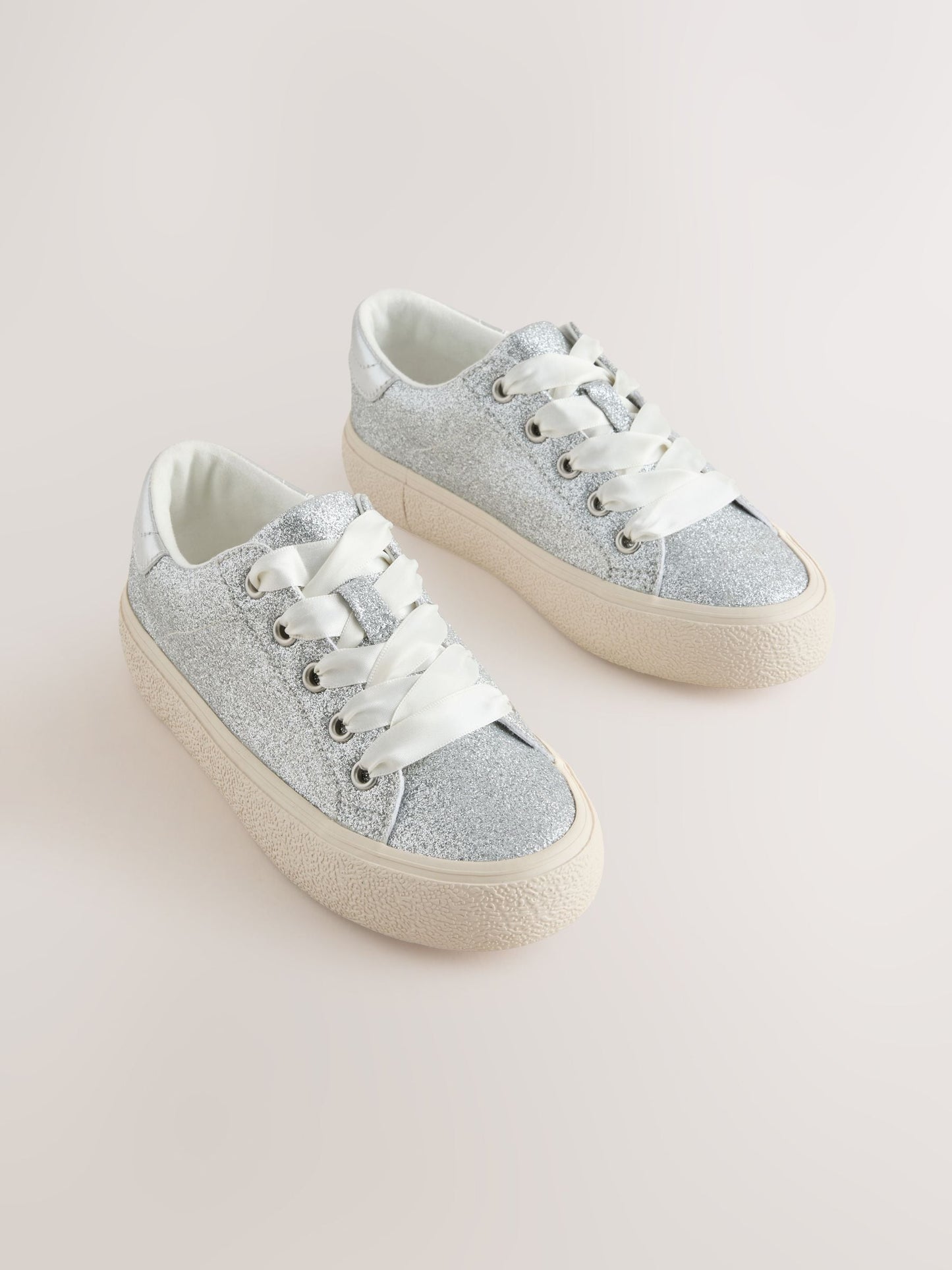 Silver Glitter Lace-Up Low Top Trainers image 1