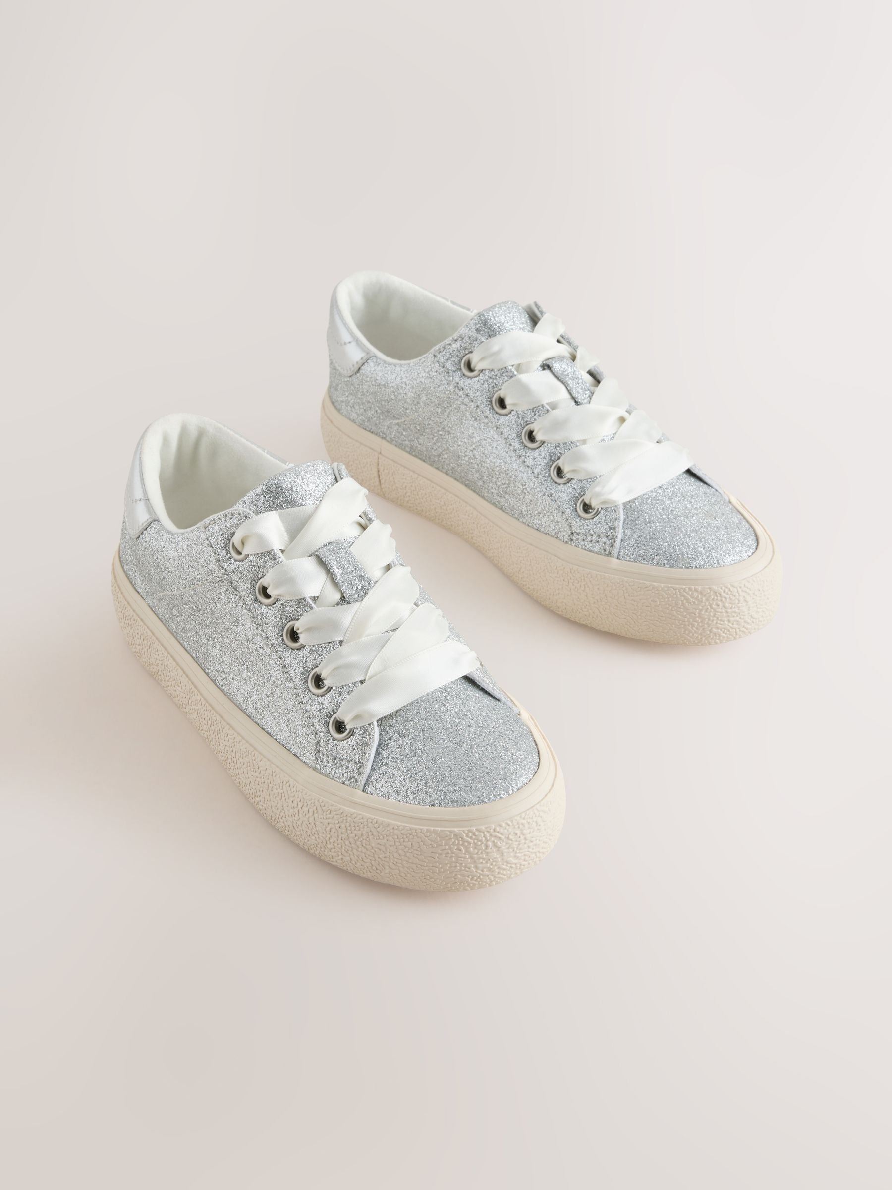 Silver Glitter Lace-Up Low Top Trainers image 1