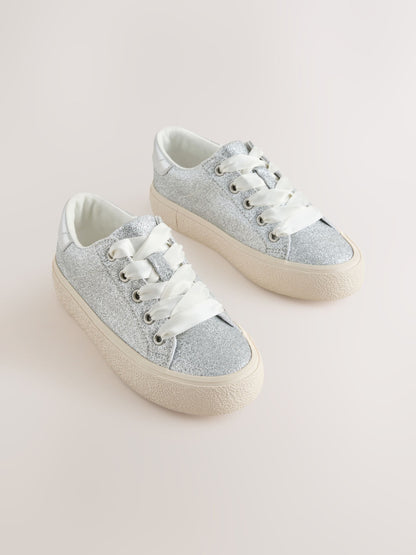 Silver Glitter Lace-Up Low Top Trainers image 1