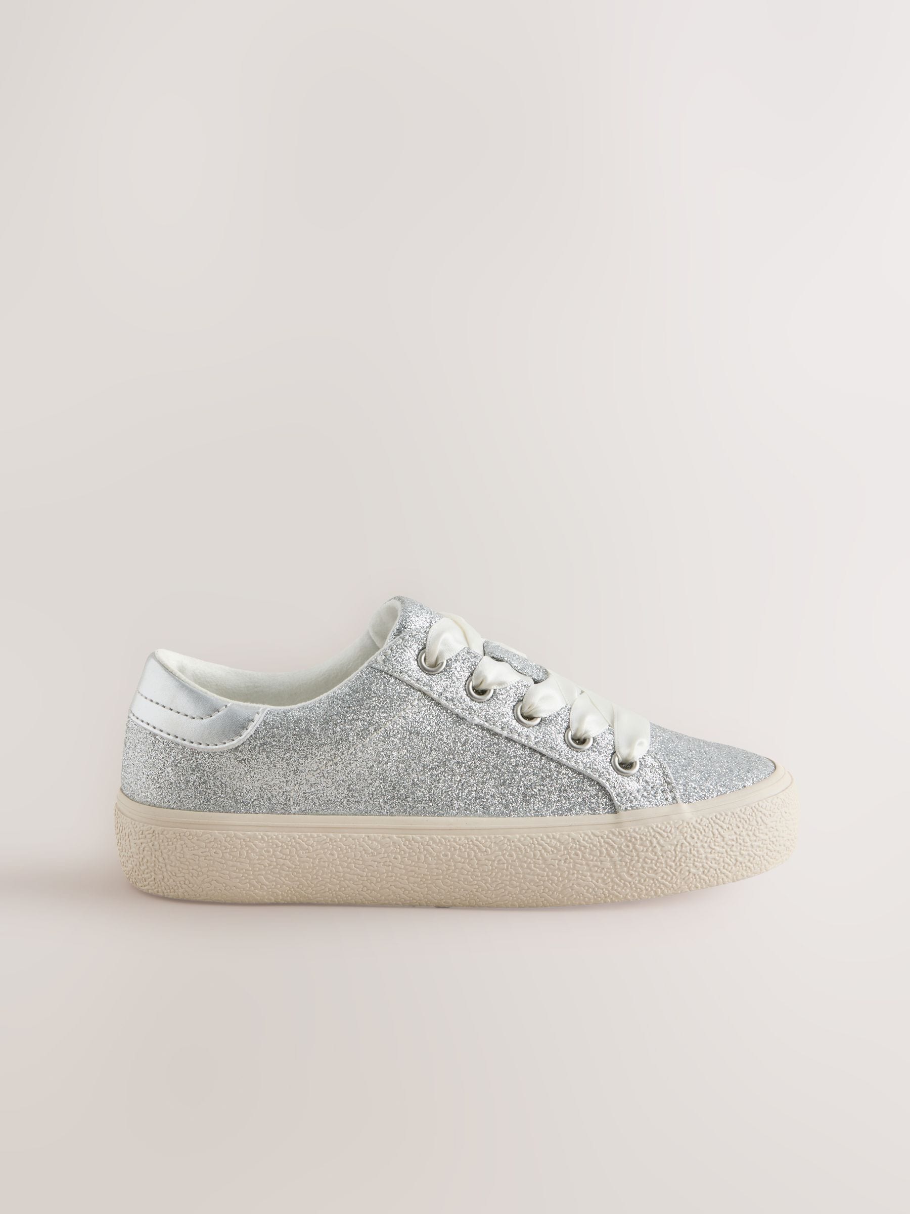 Silver Glitter Lace-Up Low Top Trainers image 2