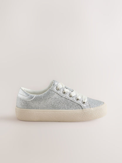 Silver Glitter Lace-Up Low Top Trainers image 2