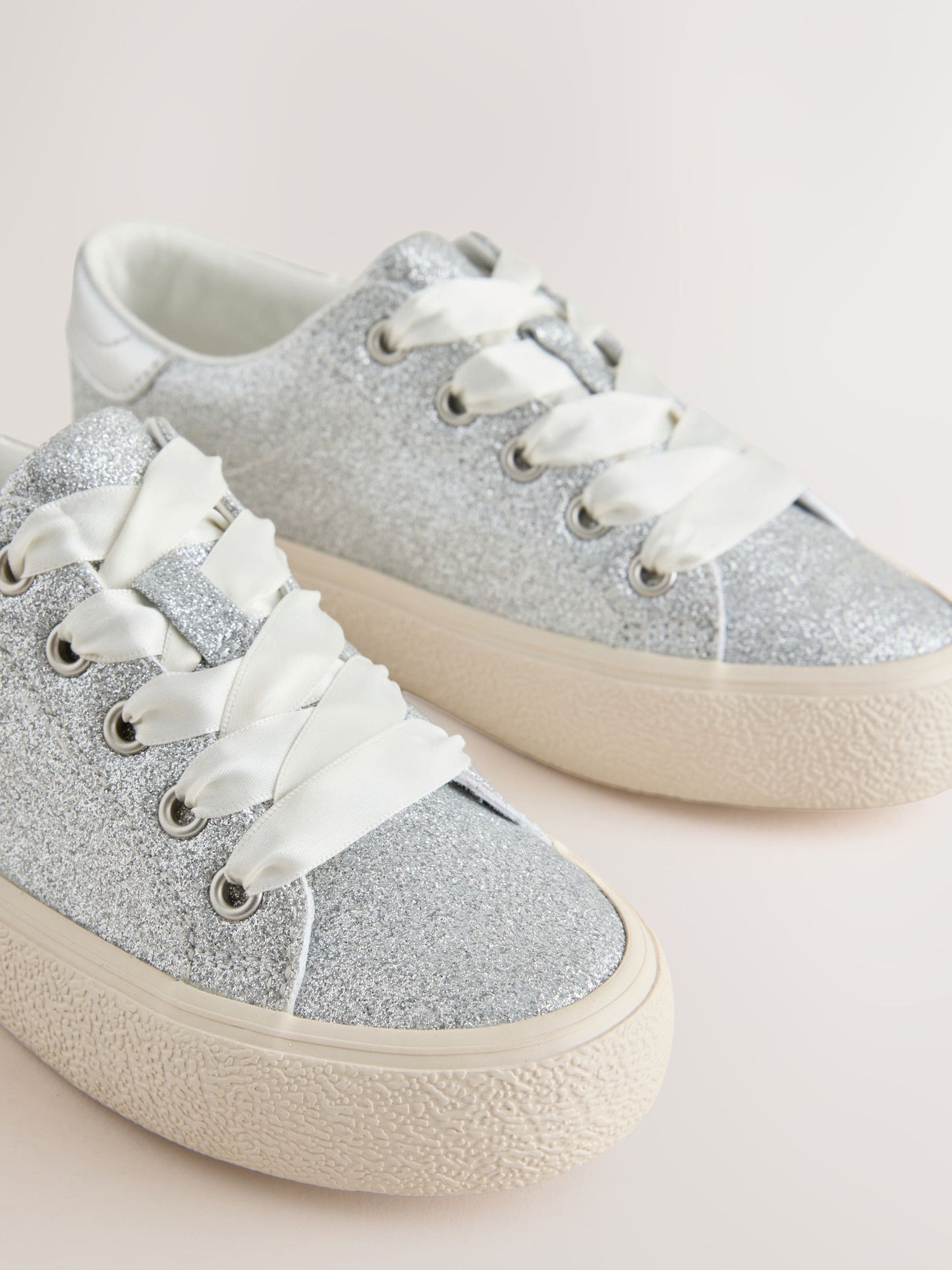 Silver Glitter Lace-Up Low Top Trainers image 3