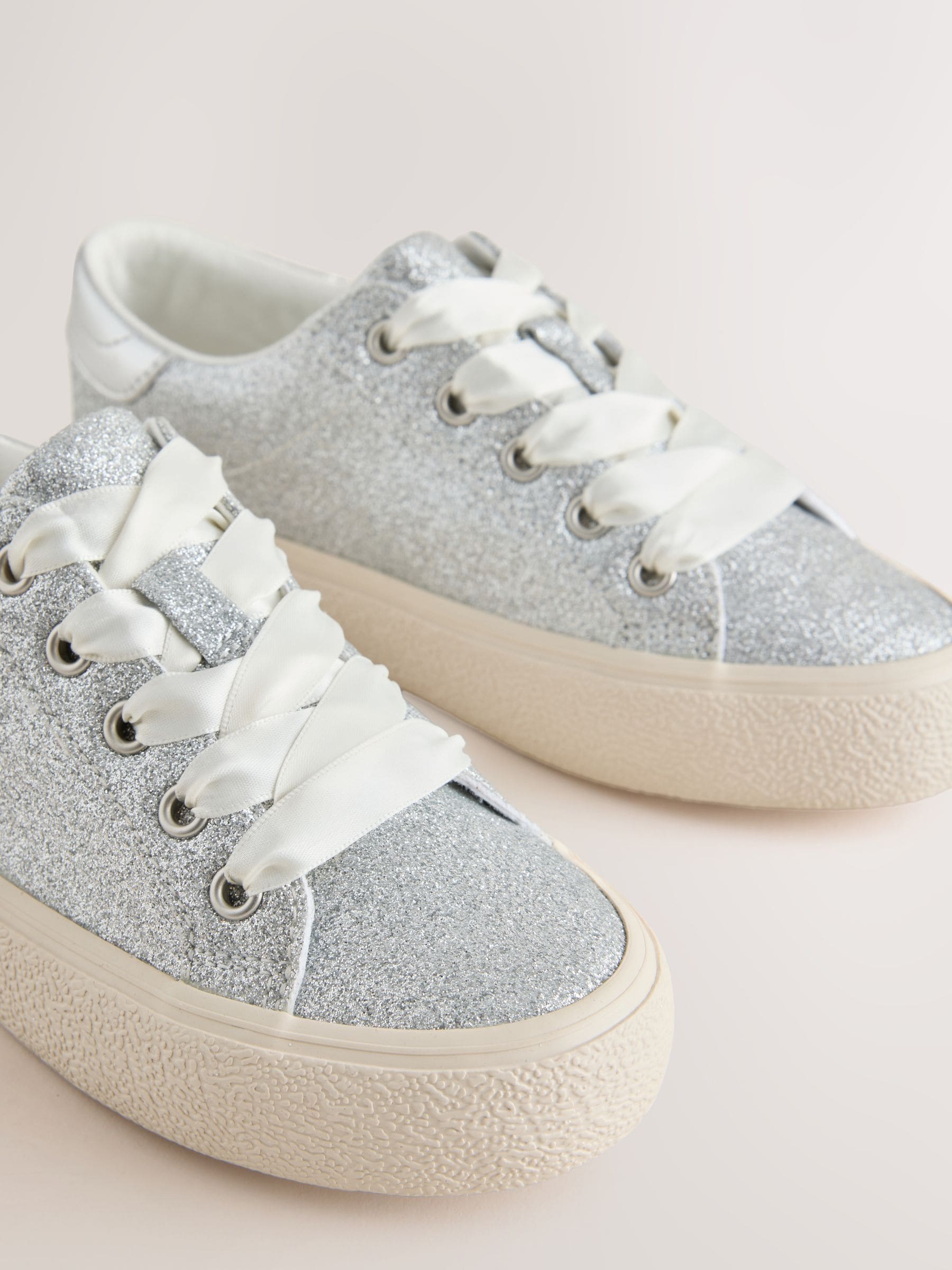 Silver Glitter Lace-Up Low Top Trainers image 3