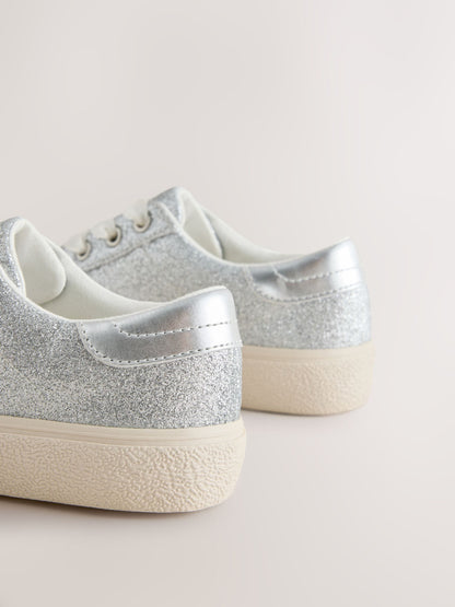 Silver Glitter Lace-Up Low Top Trainers image 4