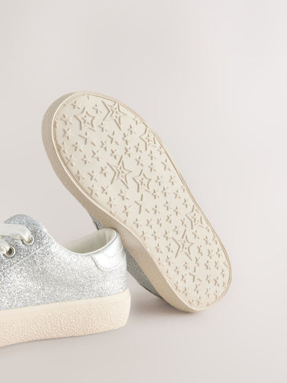 Silver Glitter Lace-Up Low Top Trainers image 5