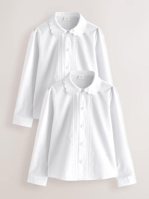 Dsiney Kidz - White Girls Long Sleeve Scalloped Lace Trim School Blouse 2 Pack (3-14yrs) image 1
