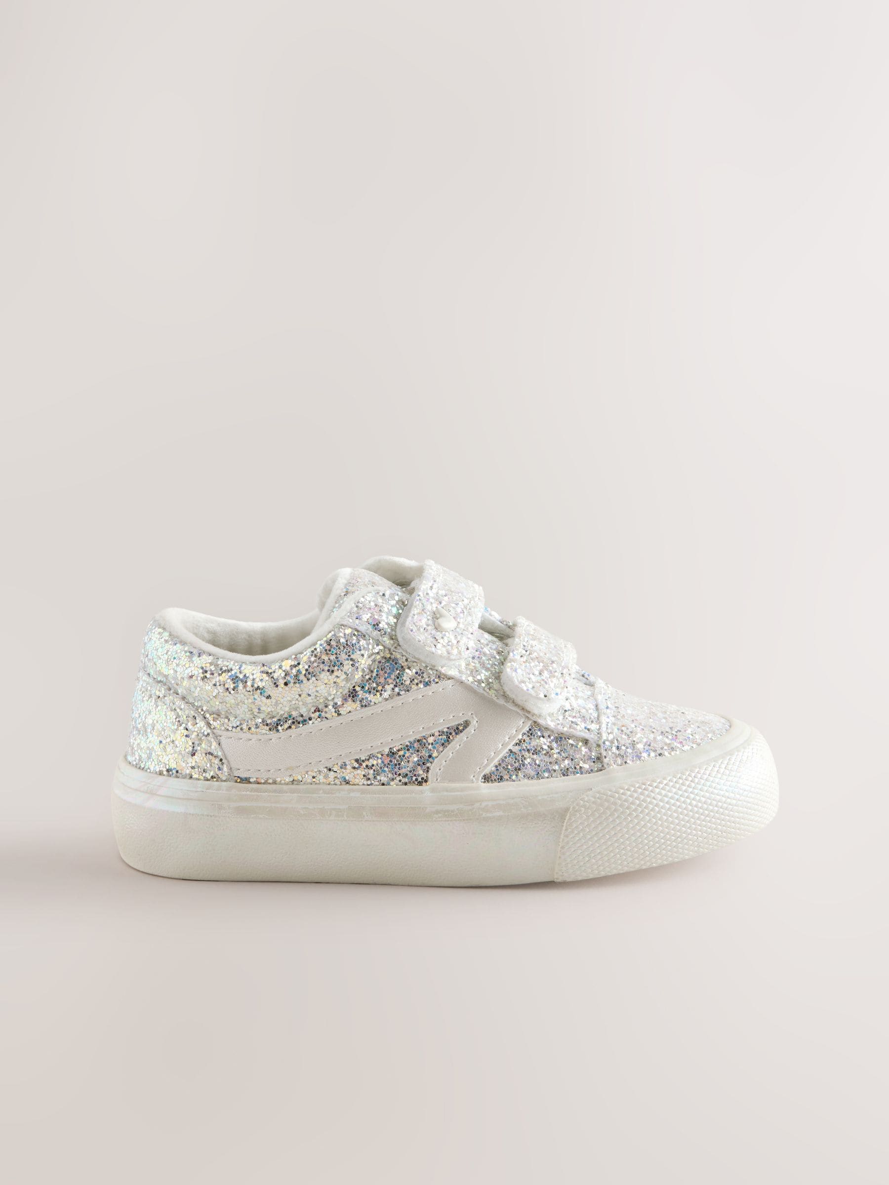 Silver/White Glitter Wide Fit (G) Touch Fastening Trainers image 2