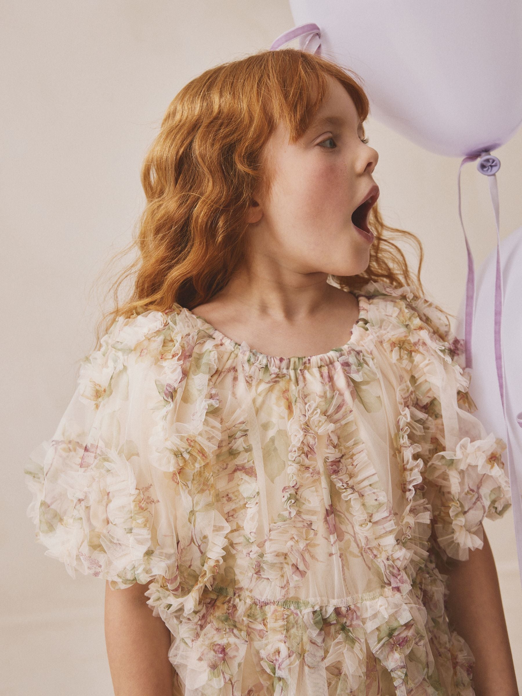 Cream/Pink Floral Floral 3D Ruffle Mesh Occasion Dress (3-16yrs) image 2
