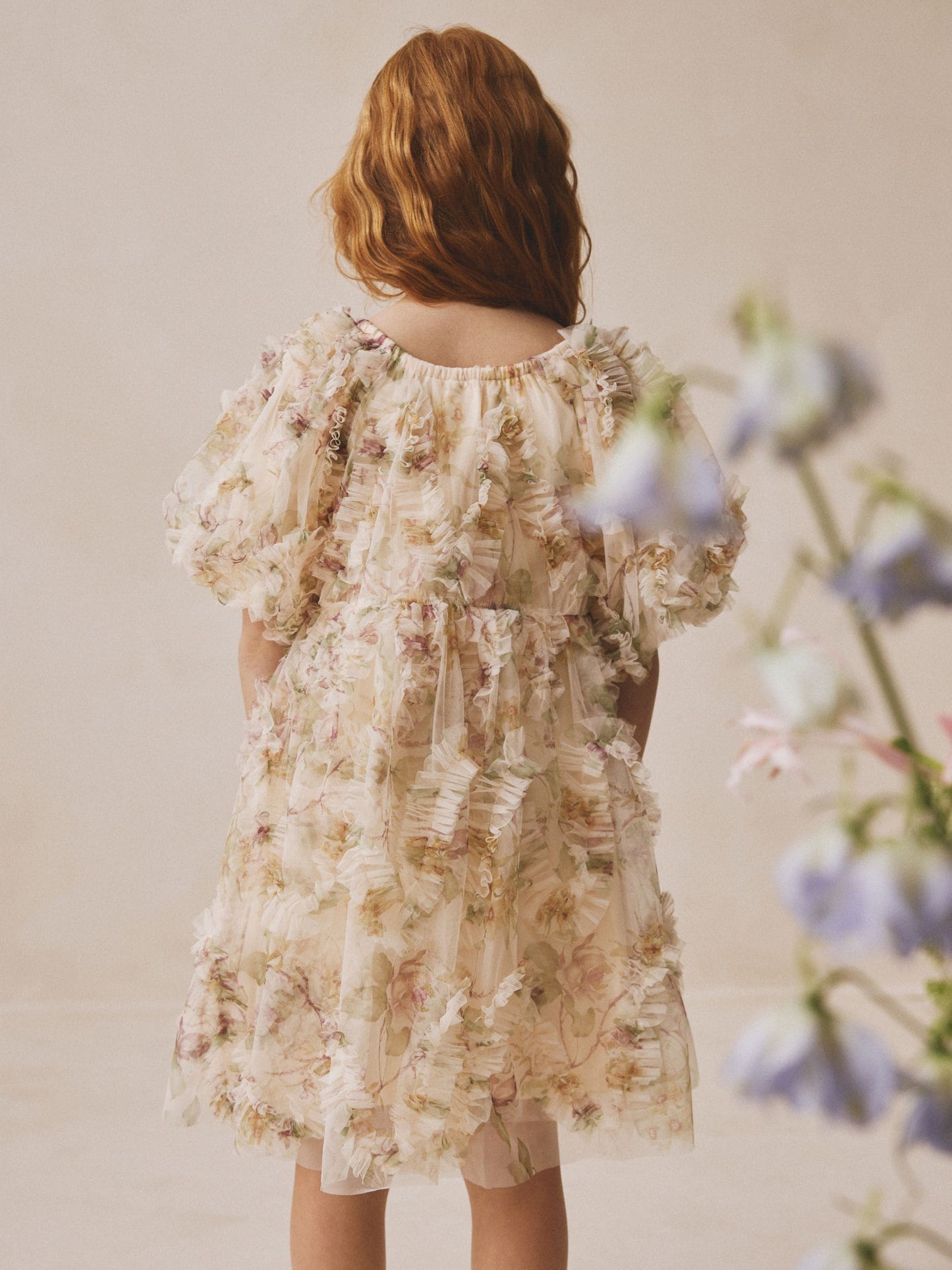 Cream/Pink Floral Floral 3D Ruffle Mesh Occasion Dress (3-16yrs) image 3