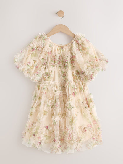 Cream/Pink Floral Floral 3D Ruffle Mesh Occasion Dress (3-16yrs) image 4