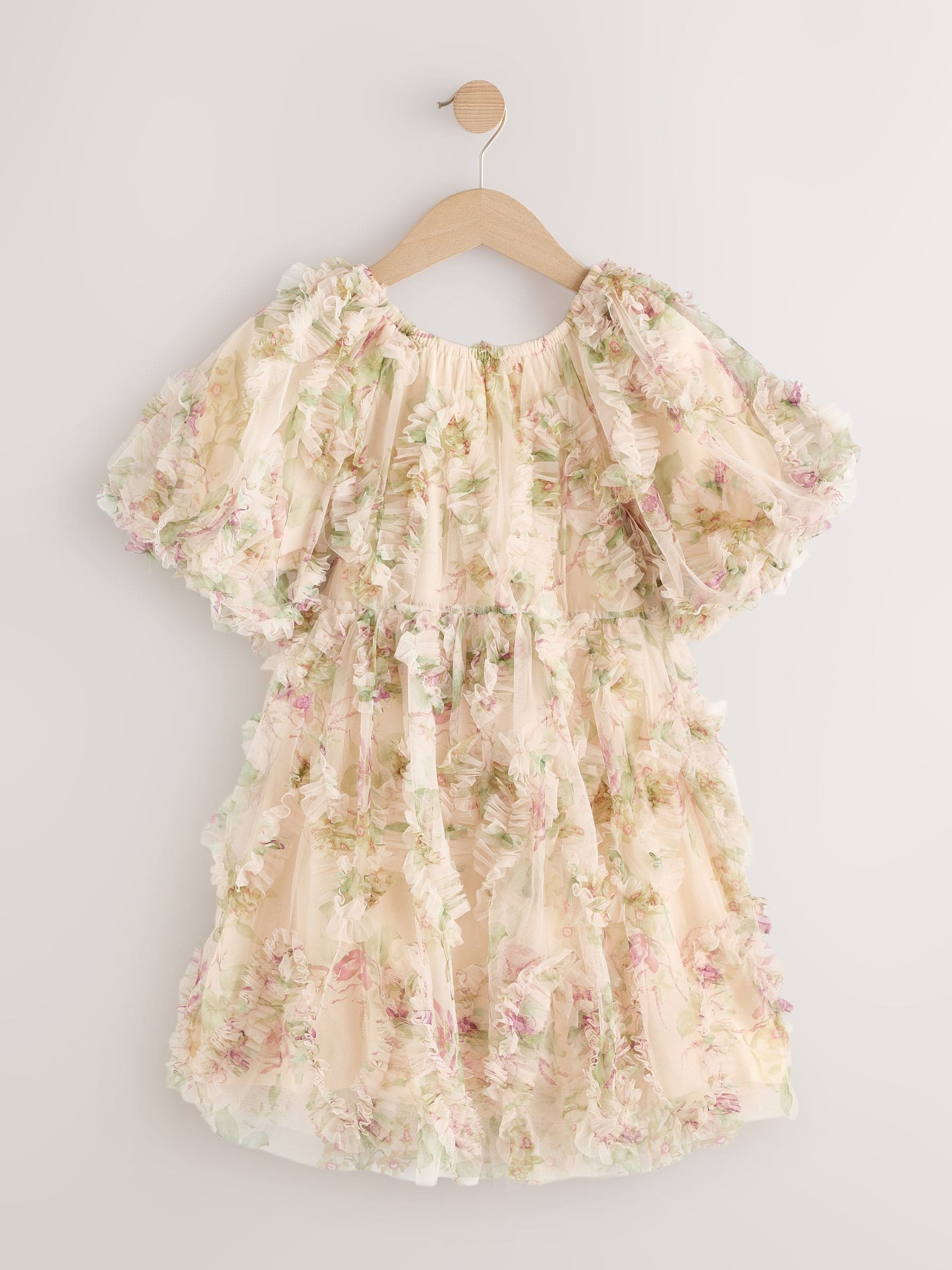 Cream/Pink Floral Floral 3D Ruffle Mesh Occasion Dress (3-16yrs) image 5
