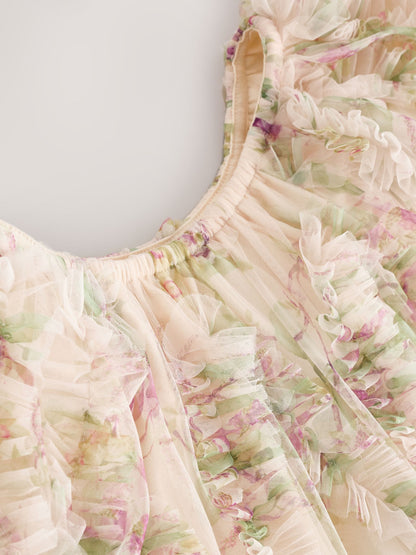 Cream/Pink Floral Floral 3D Ruffle Mesh Occasion Dress (3-16yrs) image 6