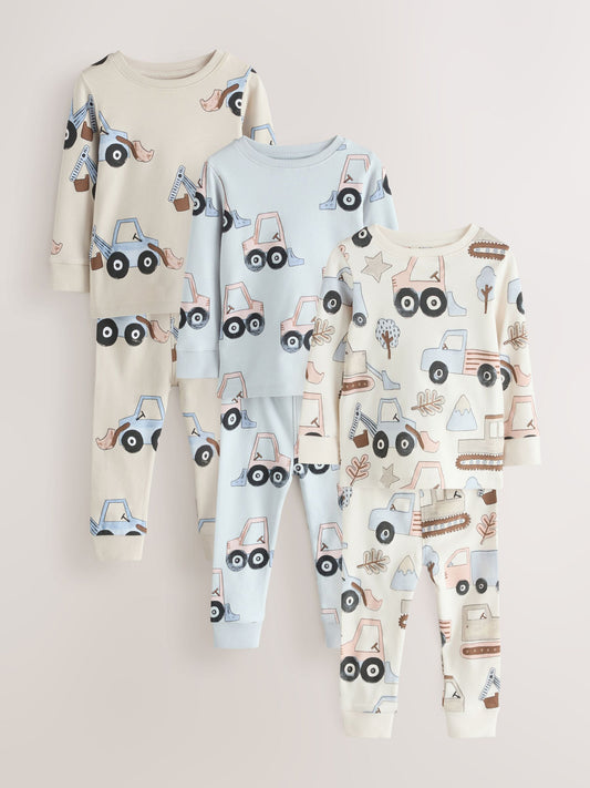 Blue/Ecru Digger Snuggle Pyjamas 3 Pack (9mths-8yrs) image 1