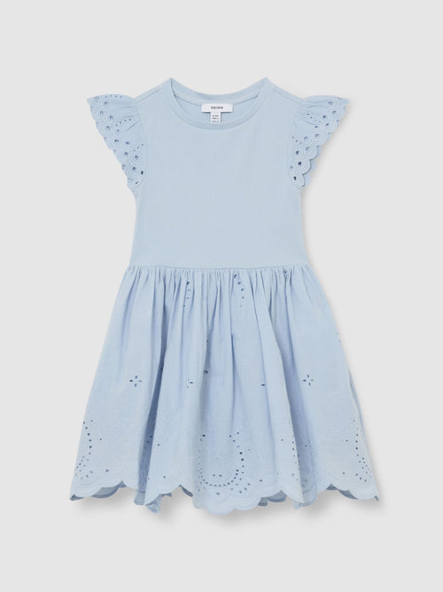 Reiss Pale Blue Carianna 3-9 yrs Jersey Broderie-Anglaise Mix Dress image 1