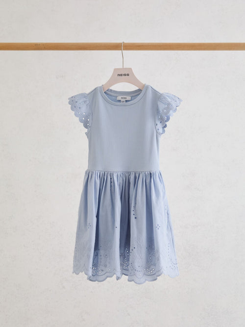 Reiss Pale Blue Carianna 9-13 yrs Jersey Broderie-Anglaise Mix Dress image 1