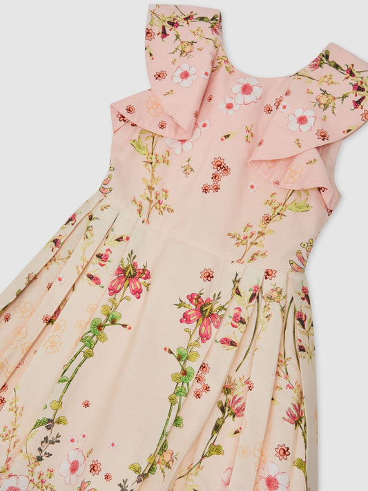 Reiss Pink Print Ember 13-14 yrs Cotton Floral-Print Frill-Sleeve Dress image 1