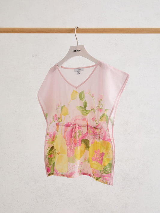 Reiss Pink Print Kila 9-13 yrs Cotton Floral-Print Kaftan image 1