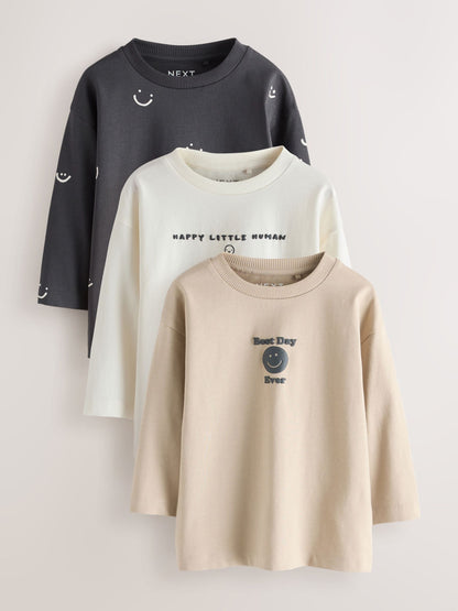 Dsiney Kidz - Monochrome Smile Face Long Sleeve Graphic T-Shirts 3 Pack (3mths-7yrs) image 1