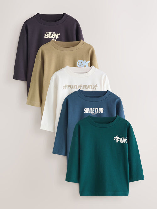 Multi Black Star Slogan Long Sleeve T-Shirts 5 Pack (3mths-7yrs) image 1