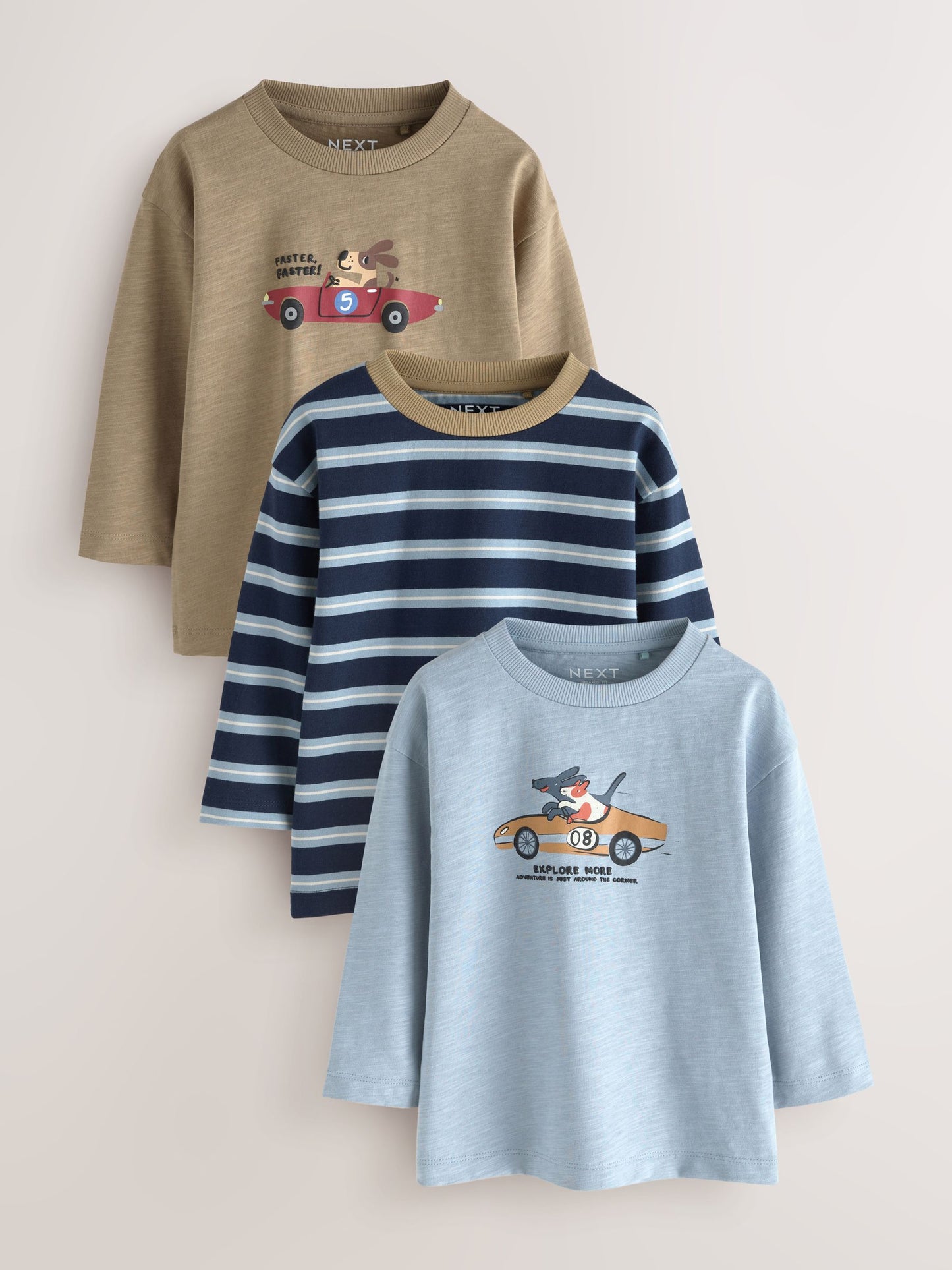 Dsiney Kidz - Blue/Neutral Dog Stripe Long Sleeve Graphic T-Shirts 3 Pack (3mths-7yrs) image 1
