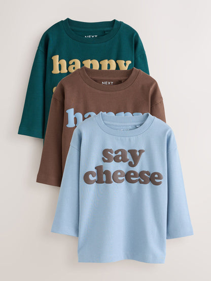 Dsiney Kidz - Mutli Blue / Berry / Green Happy Smile Slogan Long Sleeve Graphic T-Shirts 3 Pack (3mths-7yrs) image 1