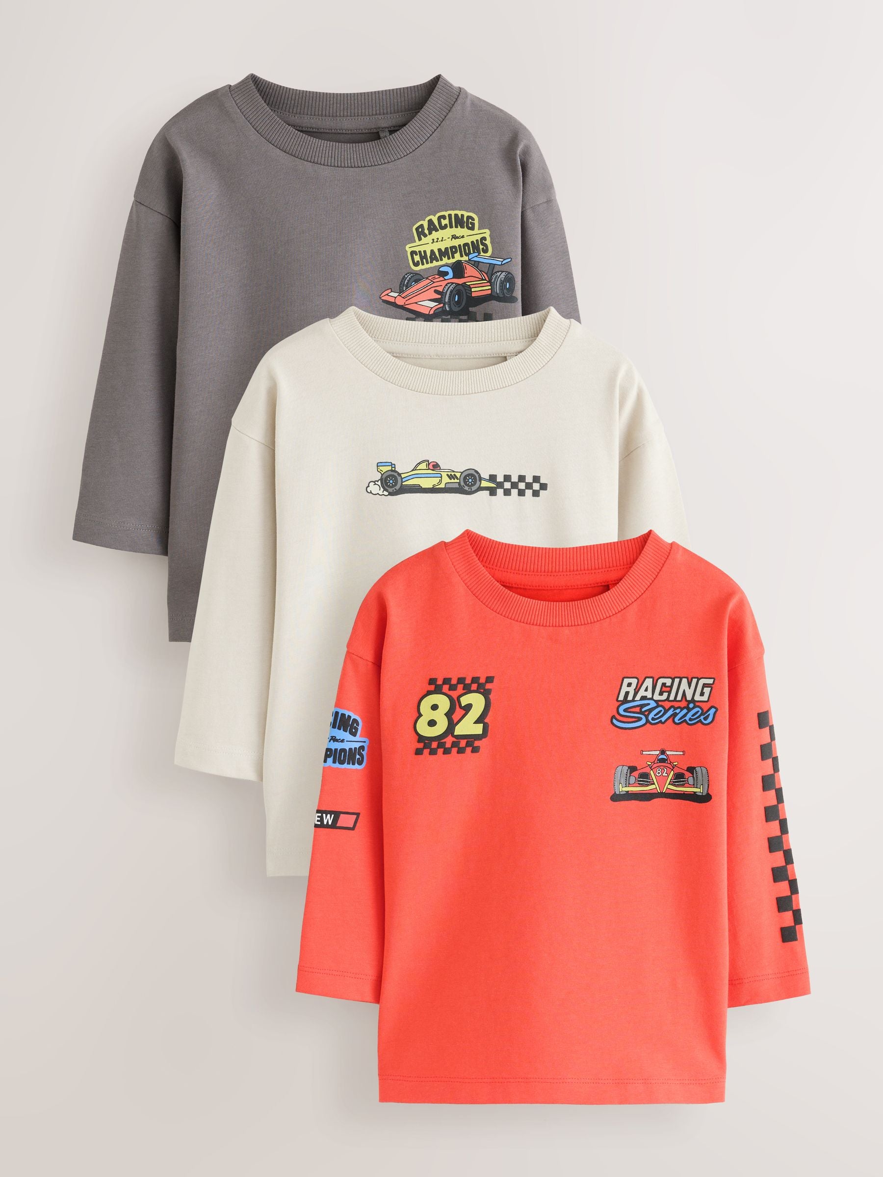 Dsiney Kidz - Red White Racing Car Long Sleeve Graphic T-Shirts 3 Pack (3mths-7yrs) image 1