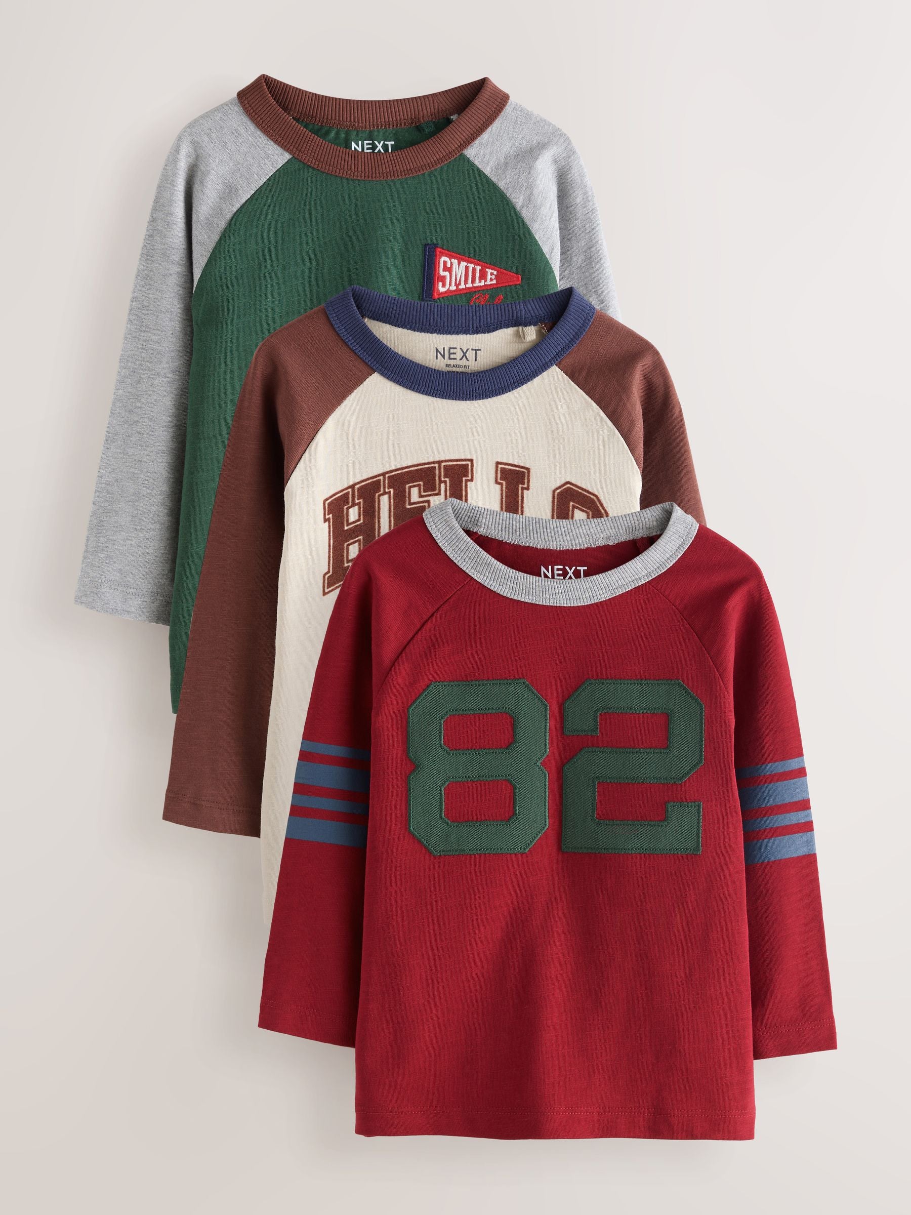 Dsiney Kidz - Red/Grey Varsity Long Sleeve Raglan T-Shirts 3 Pack (3mths-7yrs) image 1