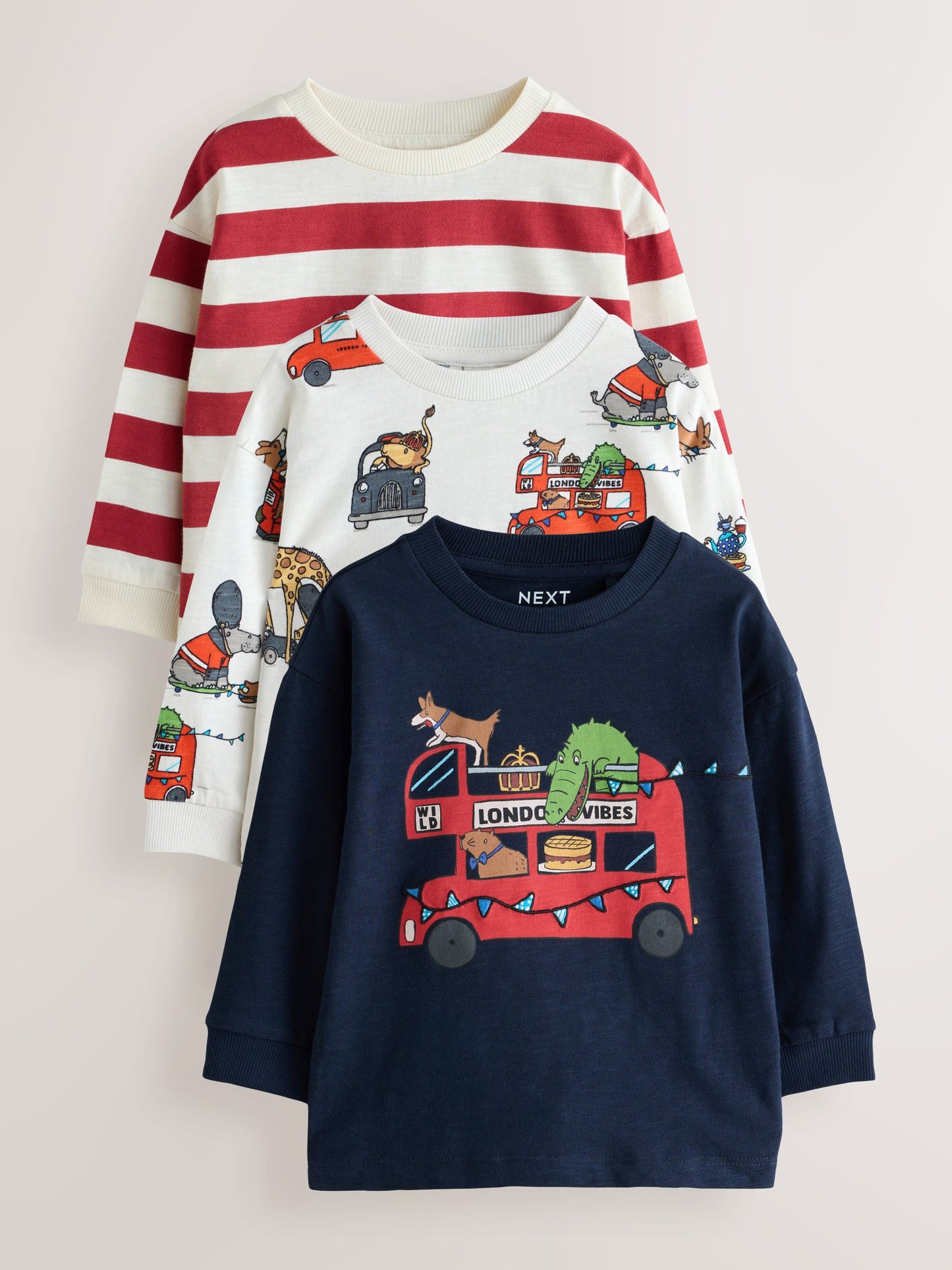 Dsiney Kidz - Navy/Red London Long Sleeve Applique T-Shirts 3 Pack (3mths-7yrs) image 1