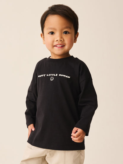 Dsiney Kidz - Black Happy Little Human Slogan Long Sleeve Small Graphic Printed T-Shirt (3mths-7yrs) image 1