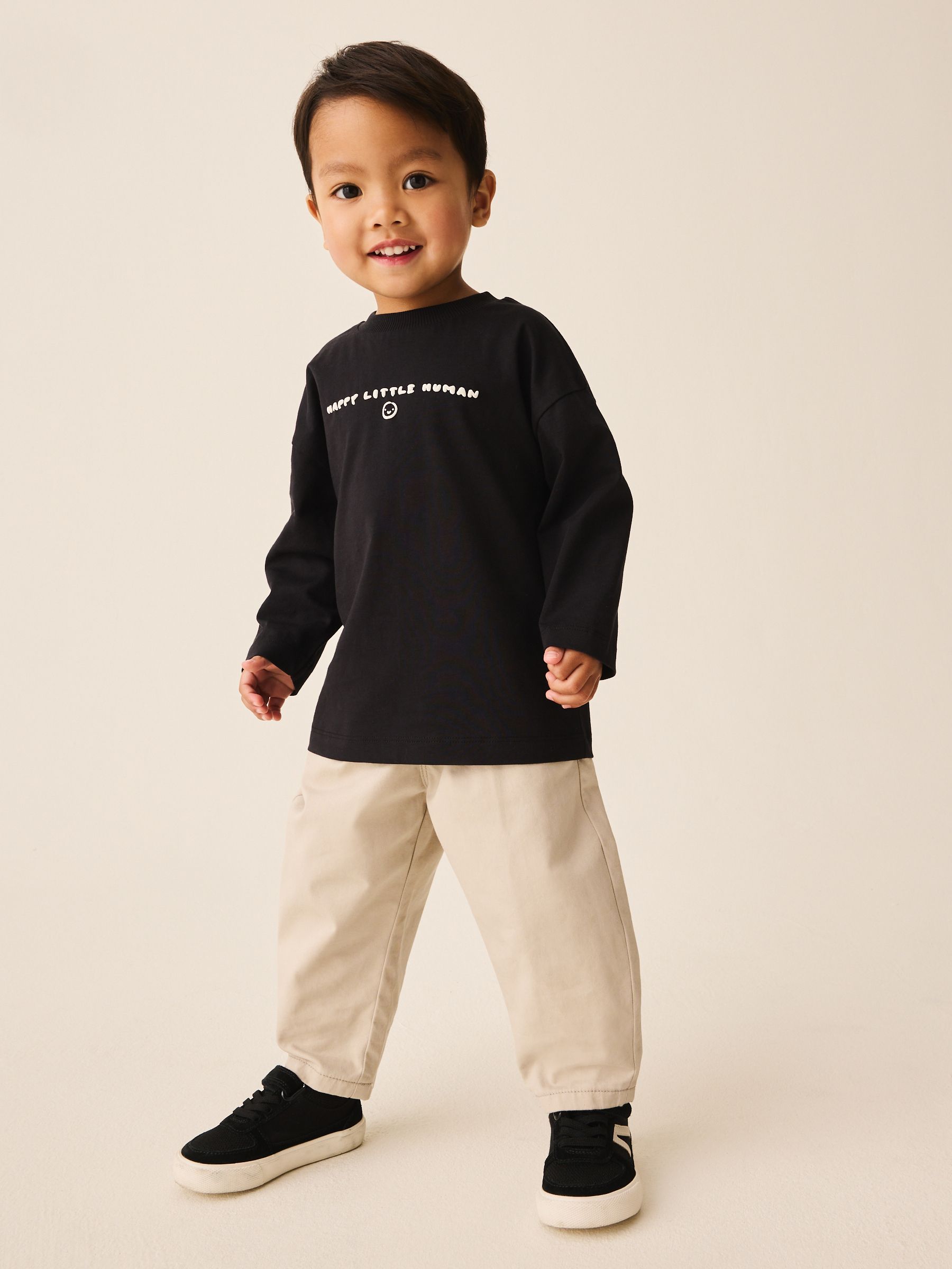 Dsiney Kidz - Black Happy Little Human Slogan Long Sleeve Small Graphic Printed T-Shirt (3mths-7yrs) image 2